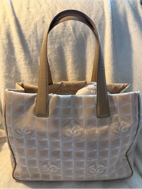 CHANEL Travel Line Tote Beige Jacquard CC Logo Shoulder Bag